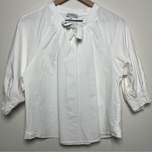Evereve Women Bailey Poplin Top Large White Preppy Puff Sleeve Minimalist Tie Up